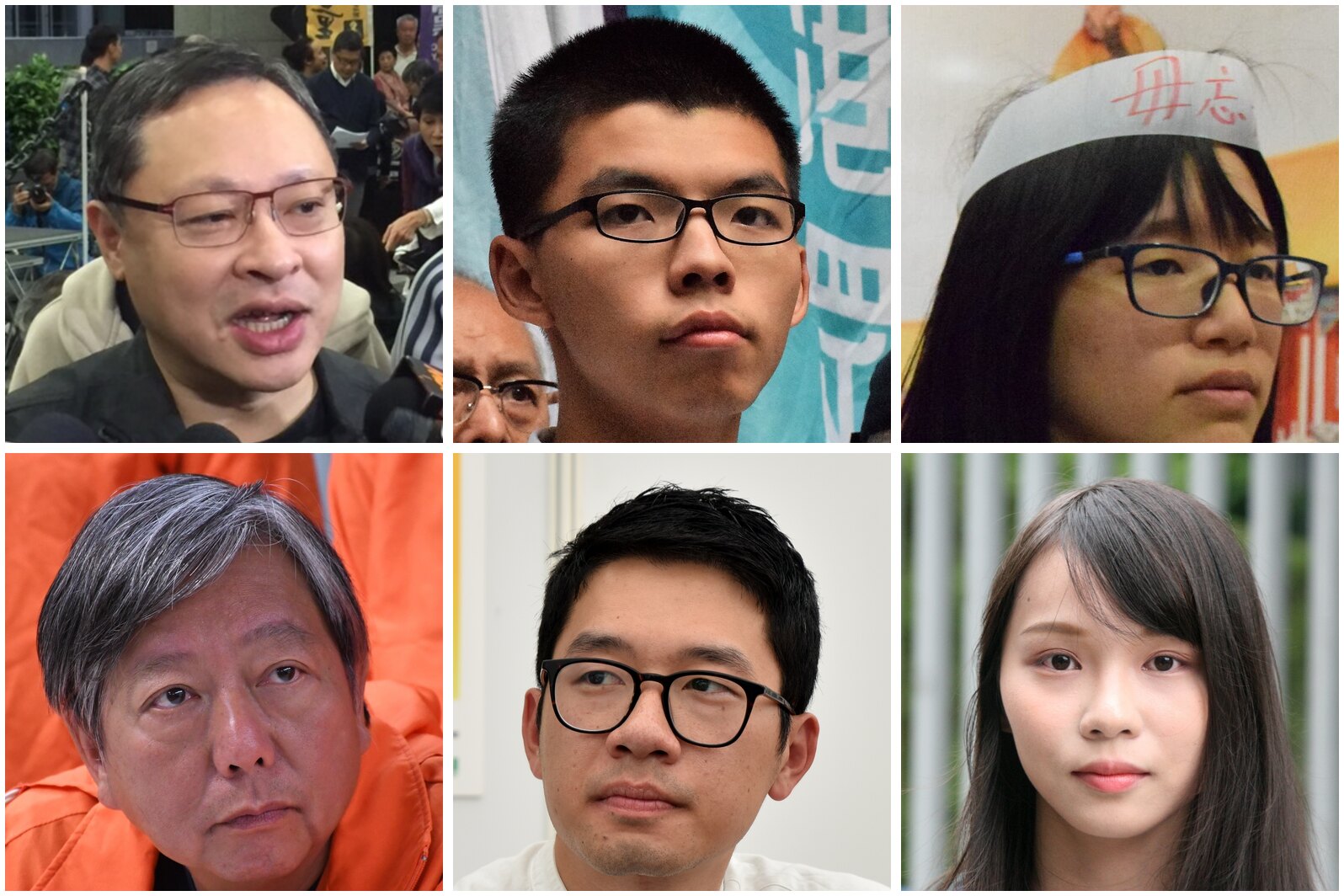 Portraits of six Hong Kong pro-democracy figures jailed or exiled under the National Security Law